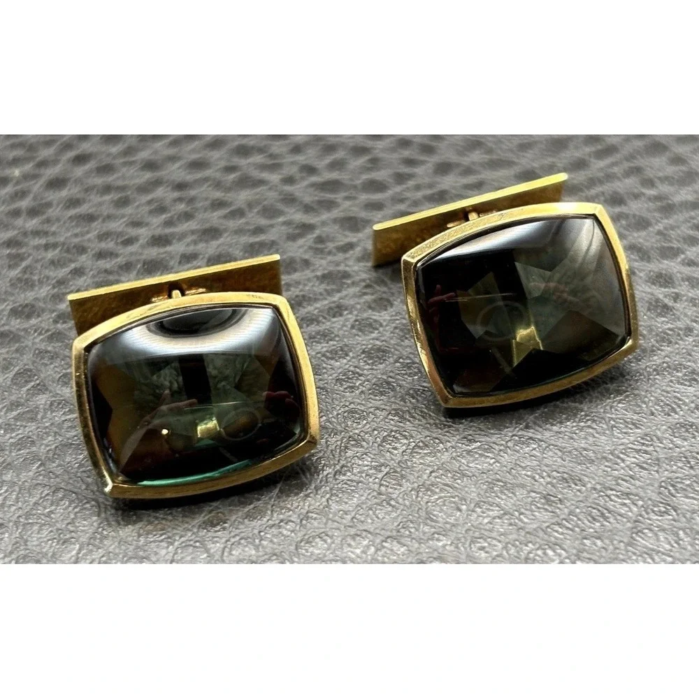 Vintage 14K Solid Gold Cufflinks Dark Green Gemstones Men's Formal Wear Luxury